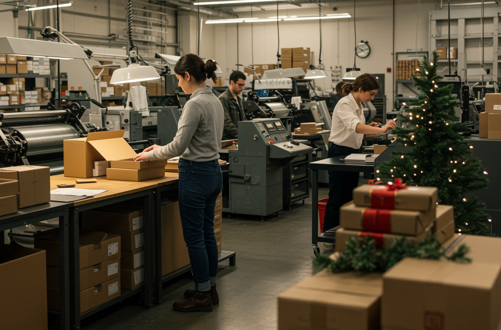 Oficina de imprenta con empleados preparando material navideño