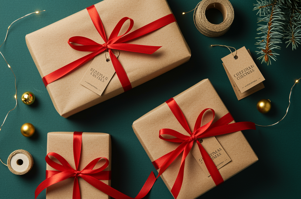 Regalos navideños envueltos con cintas rojas sobre fondo verde