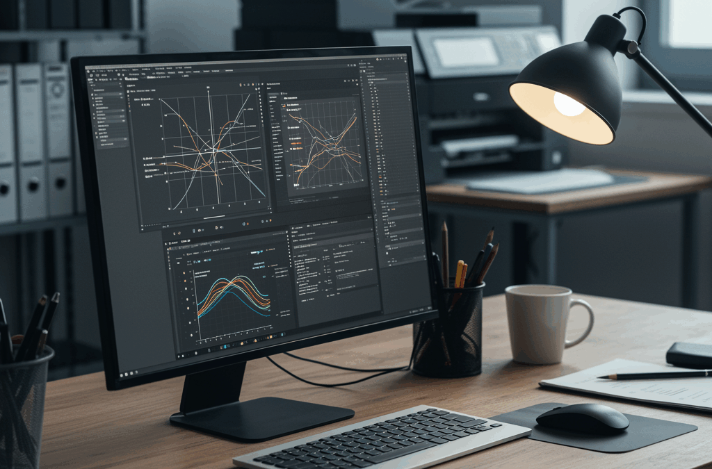 Escritorio de diseñador gráfico con pantalla y herramientas