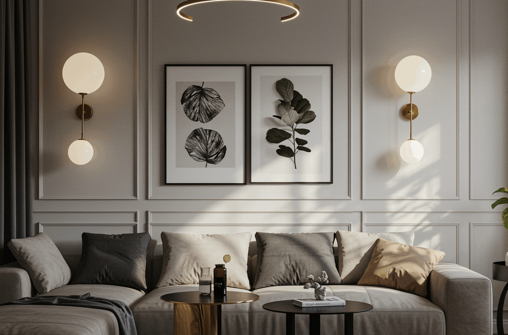 Salón elegante con decoración impresa y cuadros en paredes