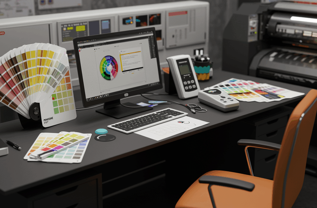 Escritorio de diseñador con pantalla Wacom y muestras de color