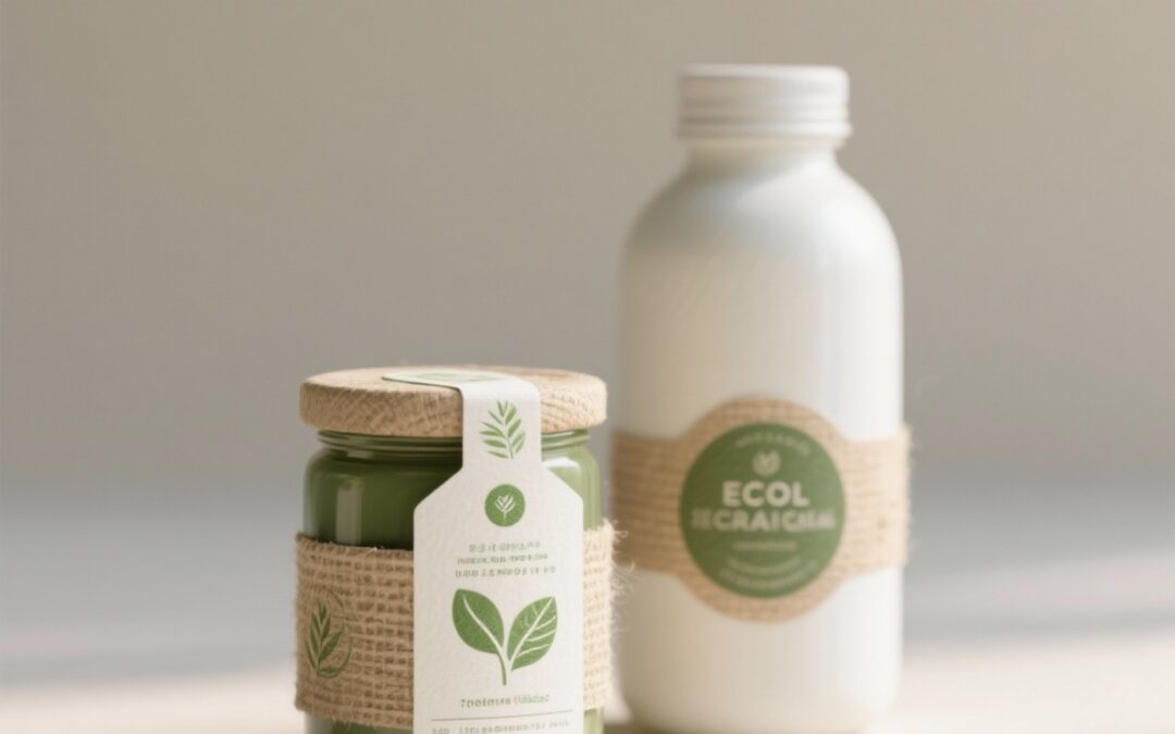 Botellas sostenibles con etiquetas verdes de papel reciclado
